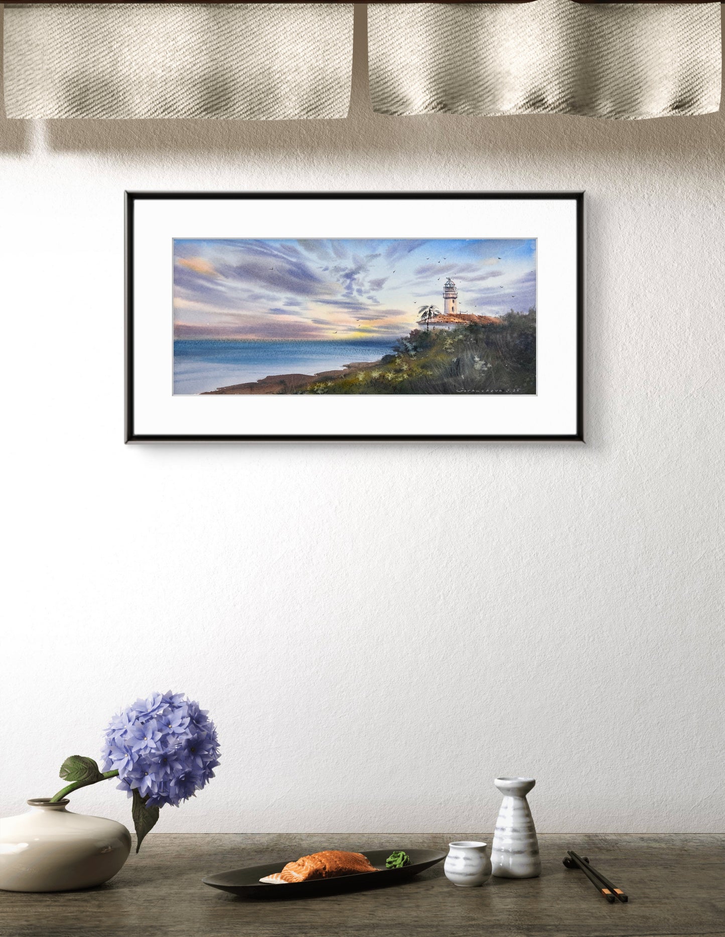 Coastal Lighthouse Watercolor Painting, Sunset Seascape Wall Art, Lighthouse at sunset #7, 6x15 in