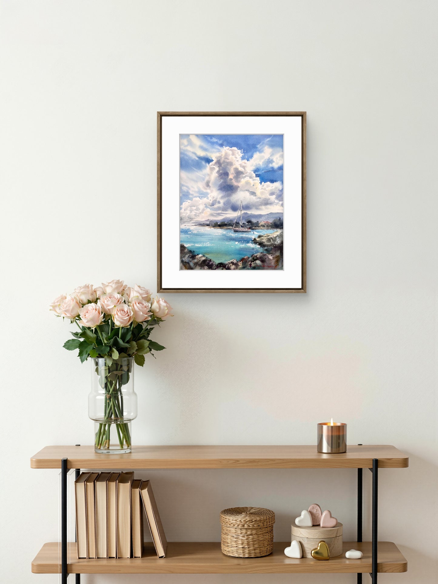 Cyprus Seascape Watercolor Painting, Sailboat Ocean Landscape, Azure Harbor Dream 12x16