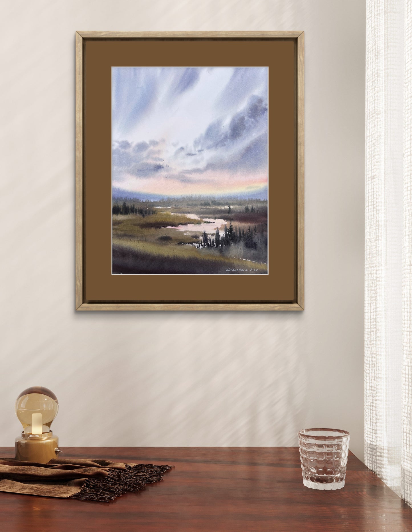 Original Marsh Sunset Watercolor Painting, Misty Dawn 9 x 12 in