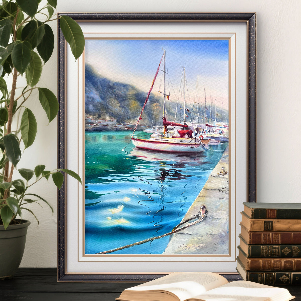 Sailboat Watercolor Painting, Coastal Marina Artwork, Waiting for the Wind #2 15x22 (Copy)
