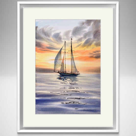 Under sail #6 - Sunset Watercolor Original Painting, Seascape Art, Sea Decor