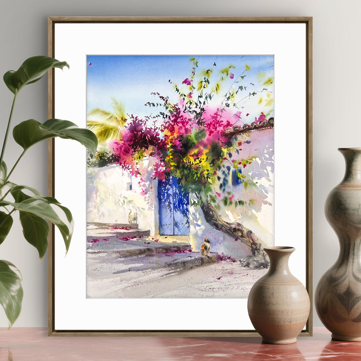 Mediterranean Watercolor Painting, Bougainvillea Art, Where Bougainvillea Blooms 12x16