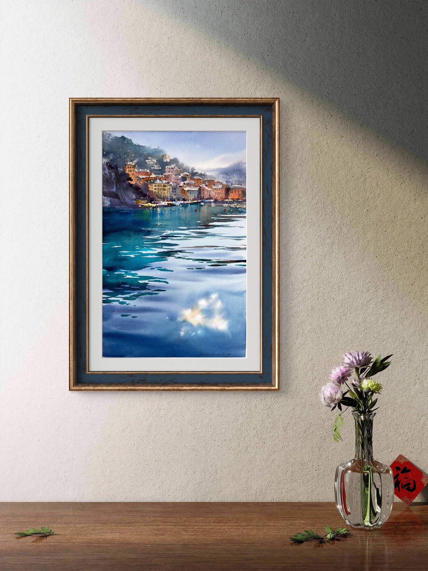 Camogli Italy Watercolor Painting, Coastal Harbor Art, Blue Italian Morning. Camogli 9x14