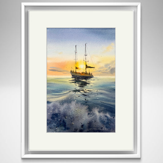 Sailboat Sunset Watercolor Painting - Yacht in the Sea at Sunset #11 - 8x12 Inch Artwork