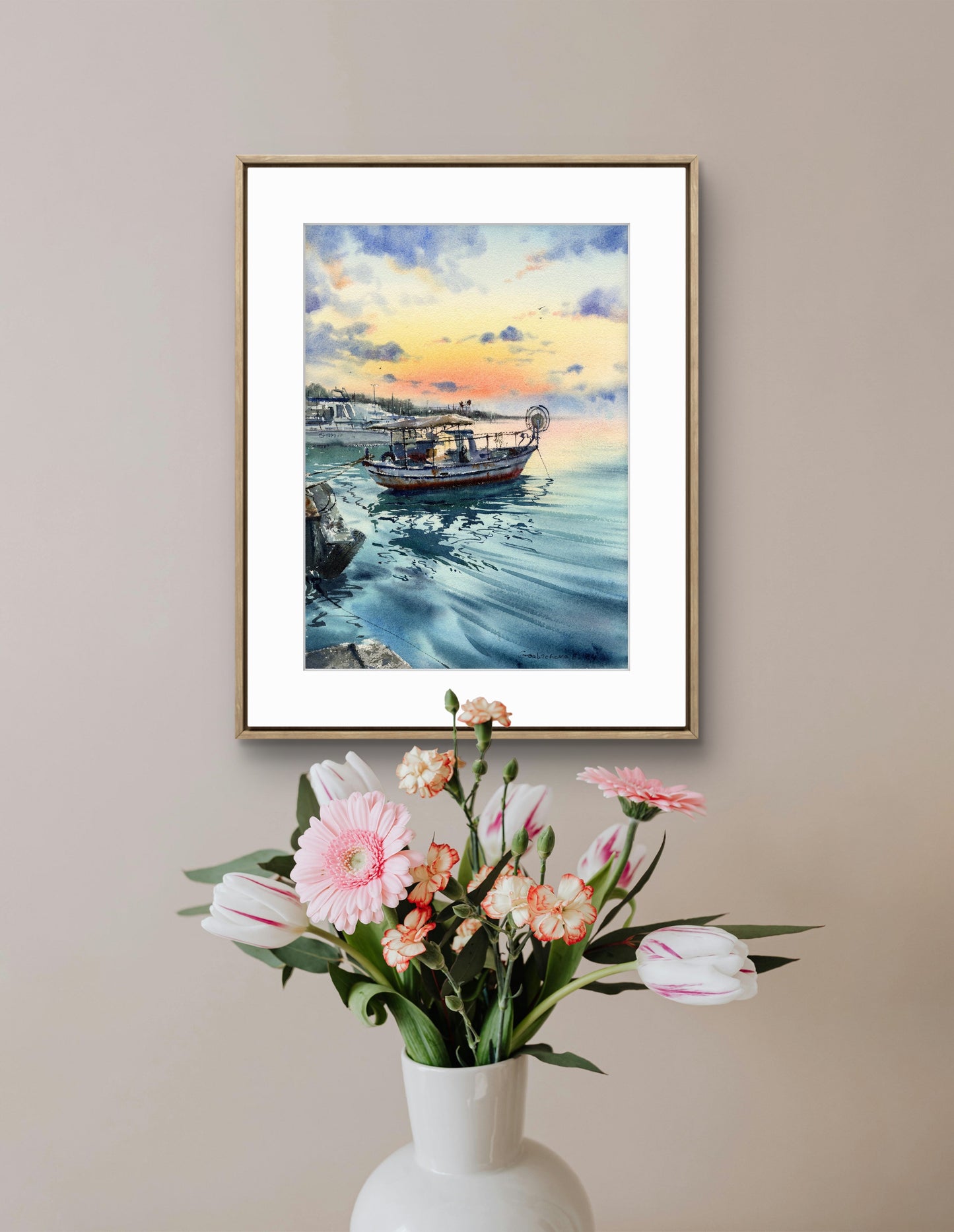 Original Fishing Boat Painting 'Boats on the Pier Sunset #3'