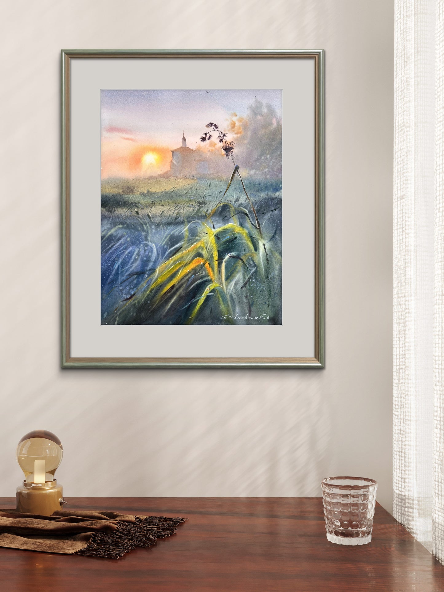 Moody Countryside Watercolor Painting, Sunset Landscape Art, The Evening Meadow 12x16