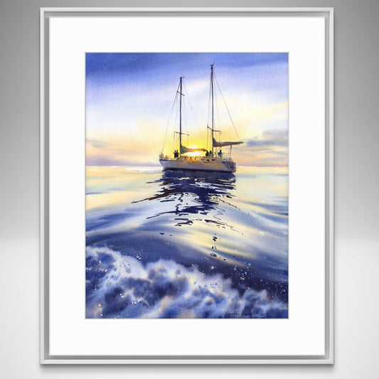 Watercolor Painting Original Seascape "Where the Yacht Meets the Sky #2" 12x16 in Blue Yellow Art Gift (Copy)