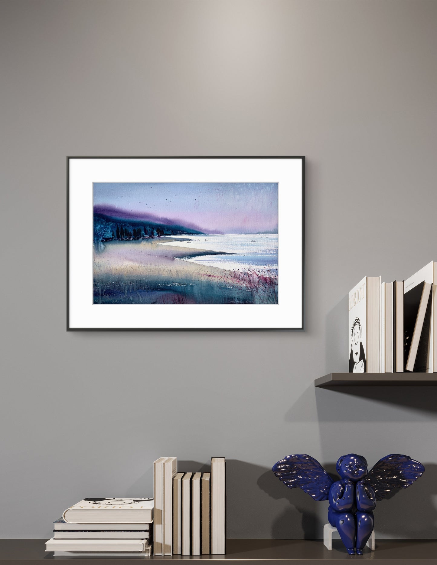 Original Watercolor Painting, Coastal Seascape at Twilight, Purple Bay 15x22 in