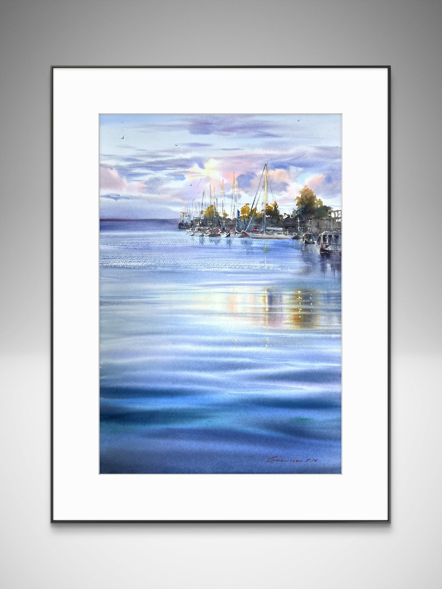 Lomonosov St Petersburg Watercolor, Russian Marina Painting, Baltic Seascape, Quiet Waters of St. Petersburg 15x22