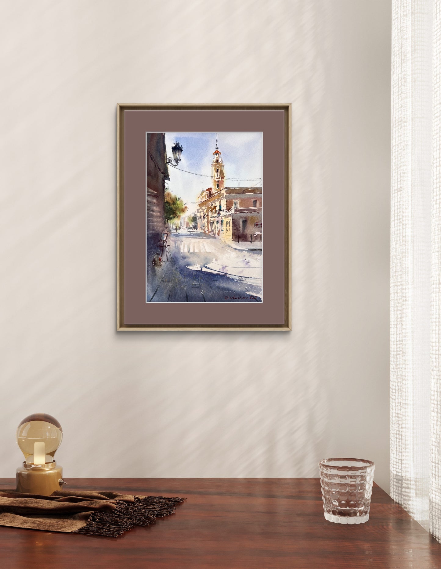 Valencia Sunlit Square – Watercolor Painting – Spain-Inspired Art – Morning Stillness in Valencia #2 8x12 in