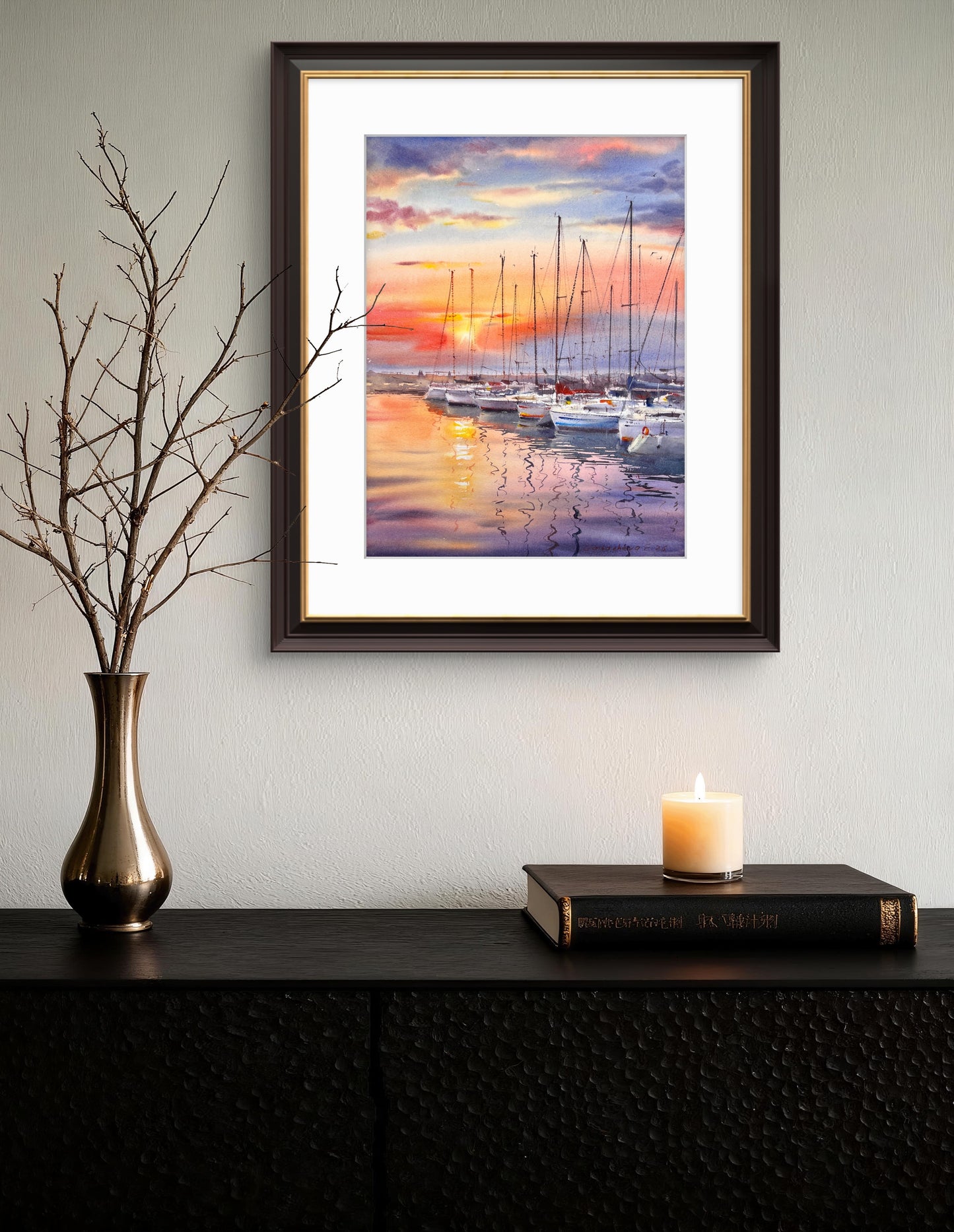 Spain Gandia Port Sunset Watercolor, Sailboats Marina Painting, Dream Haven. Spain 12x16