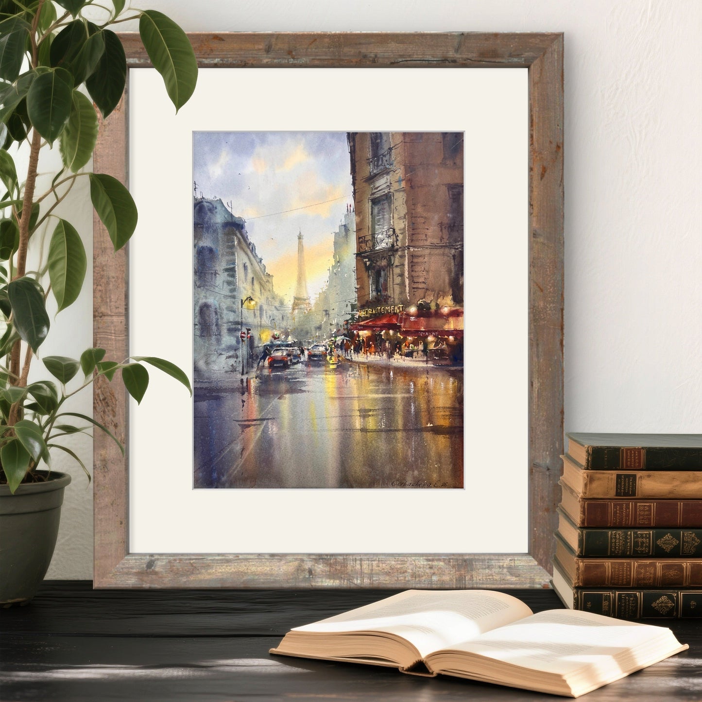 Paris Street Watercolor Painting, Eiffel Tower Art, Paris in Golden Rain 12x16