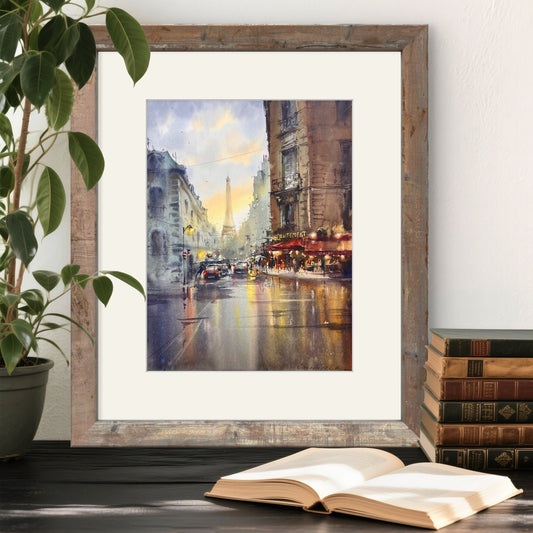 Paris Street Watercolor Painting, Eiffel Tower Art, Paris in Golden Rain 12x16