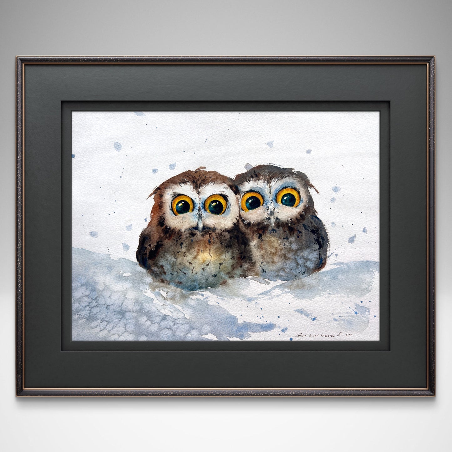 Whimsical Owl Duet in Snow - Unique Watercolor Painting