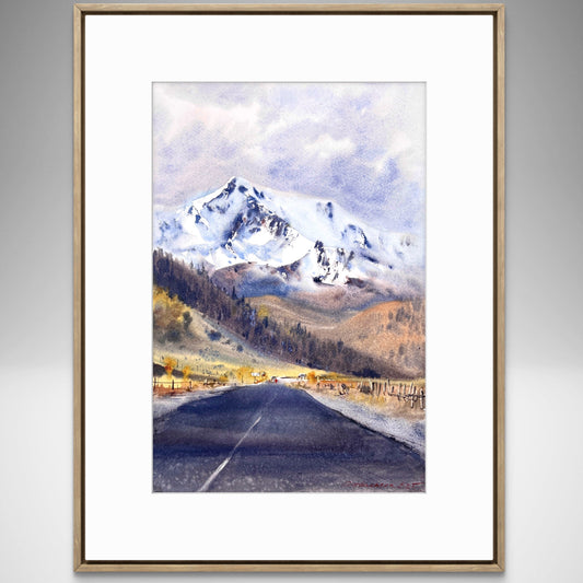 Snowy Mountain Road Watercolor Painting, Winter Landscape Painting, Road to the Clouds   10x16 (Copy)