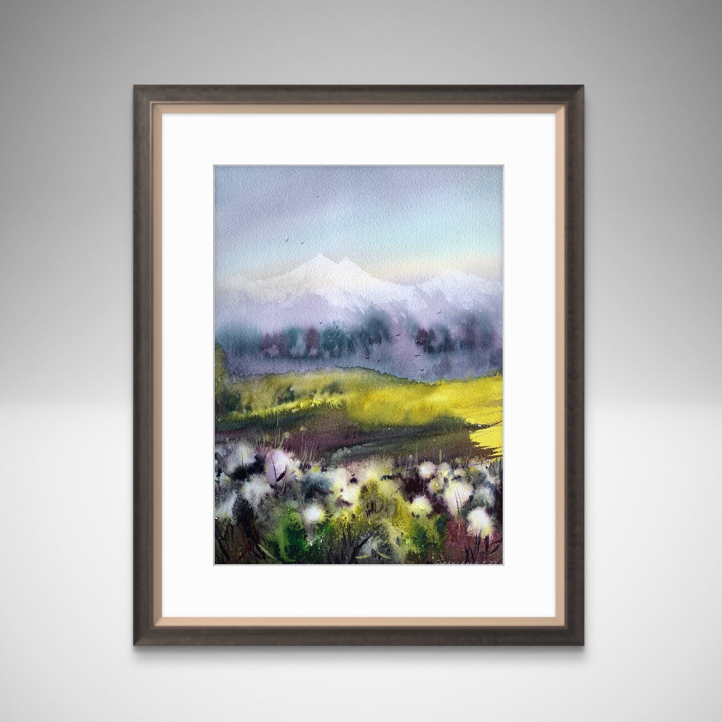 Cotton Field Painting Watercolor Original, Abstract Mountain Landscape, Flowers and Mountains #2 9x12