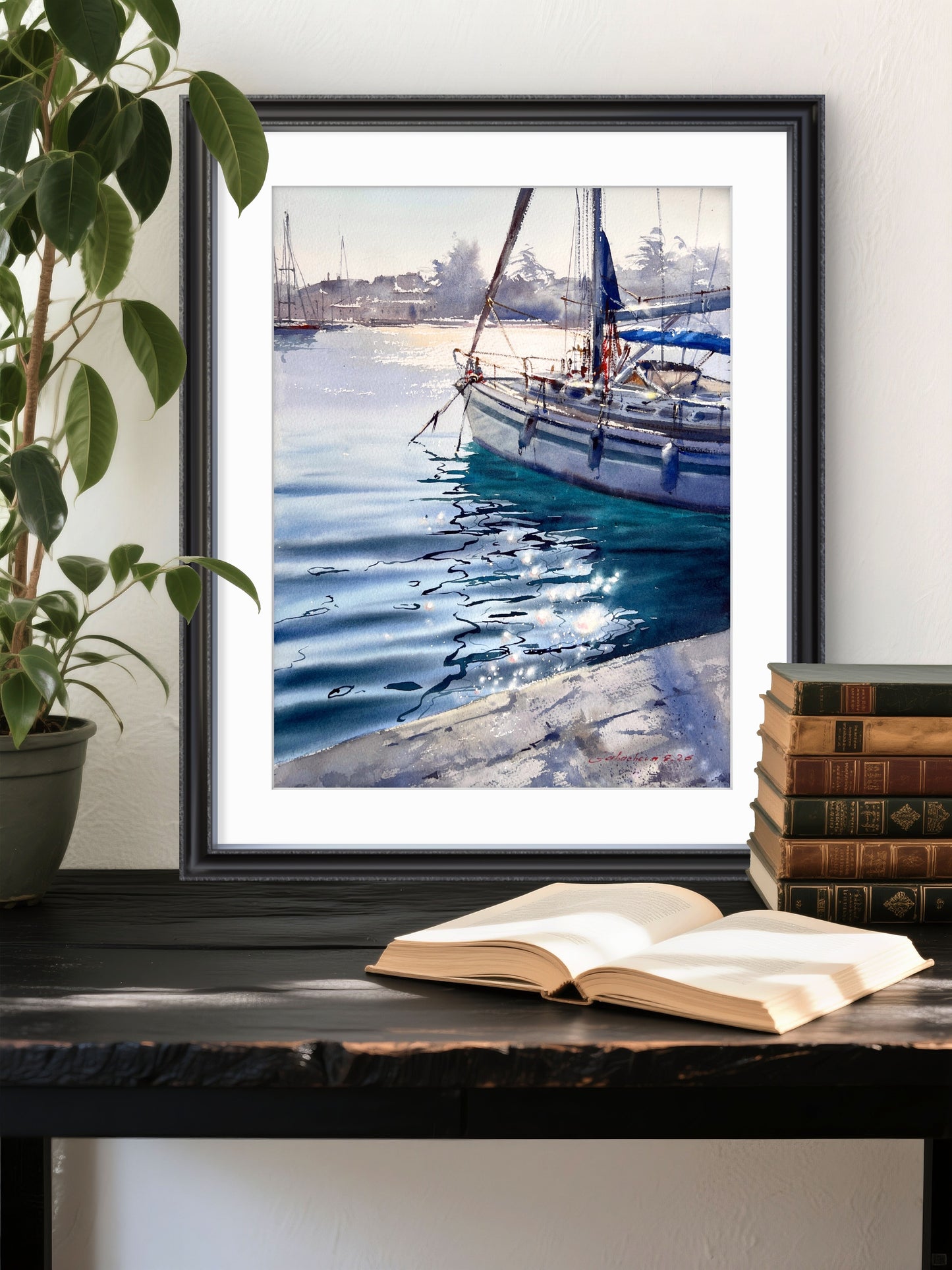 Original Watercolor Sailboat Painting, Marina Seascape, Dancing Reflections 12x16