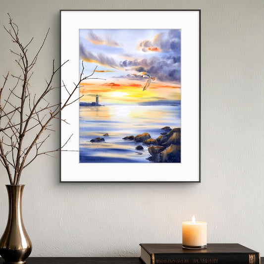 Lighthouse Watercolor Painting Sunset Seascape, Golden Hour Flight 12x16