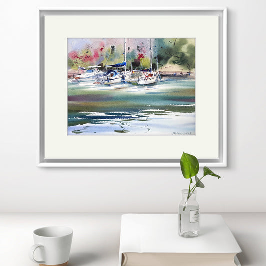Watercolor Sailboats Painting, Coastal Marina Art, Anchored in Light 9x12
