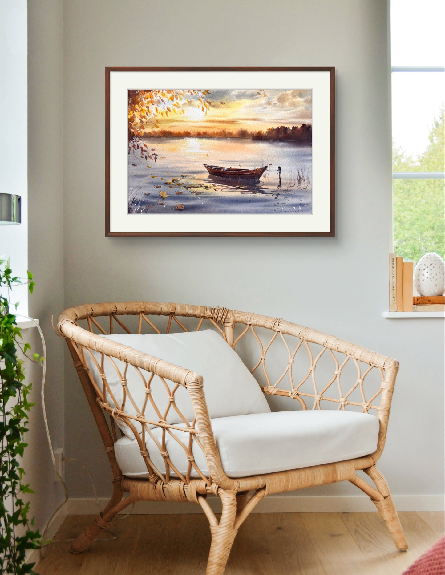 Tranquil Lake Painting: 'Autumn Sunset Boat' Watercolor Original