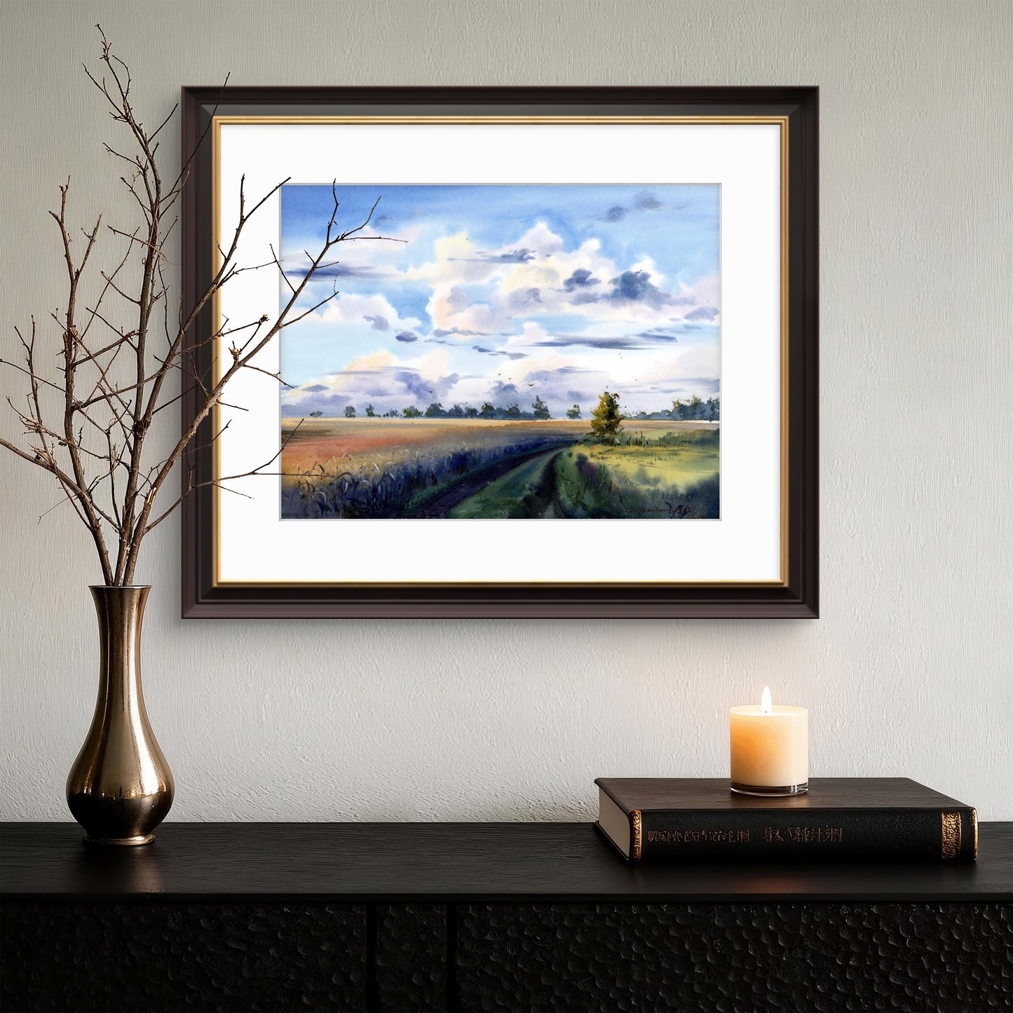 Russian countryside watercolor landscape, Rural field road, Sky clouds painting, Silent Field Road 12x16