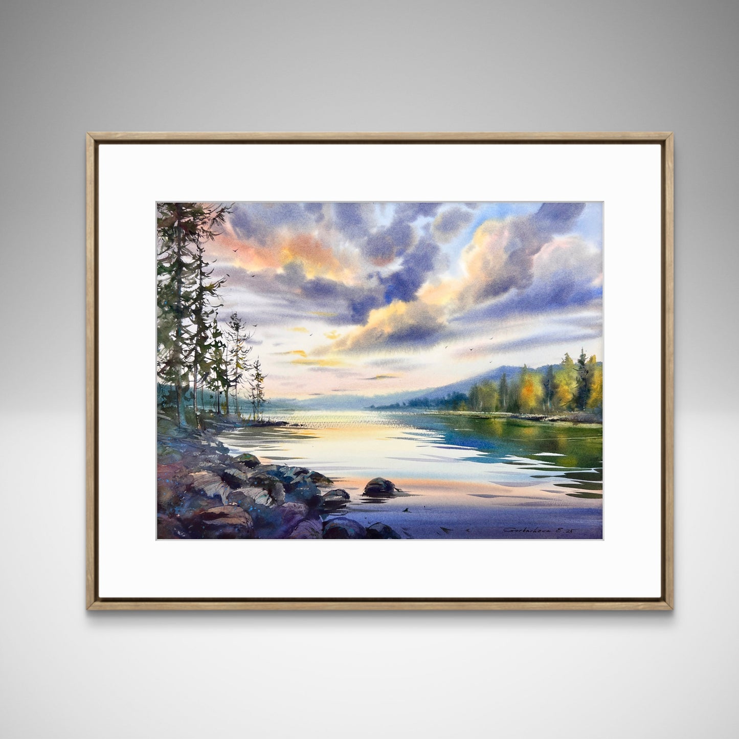 Sunset Lake Watercolor Painting, Silence of the Sunset 12x16