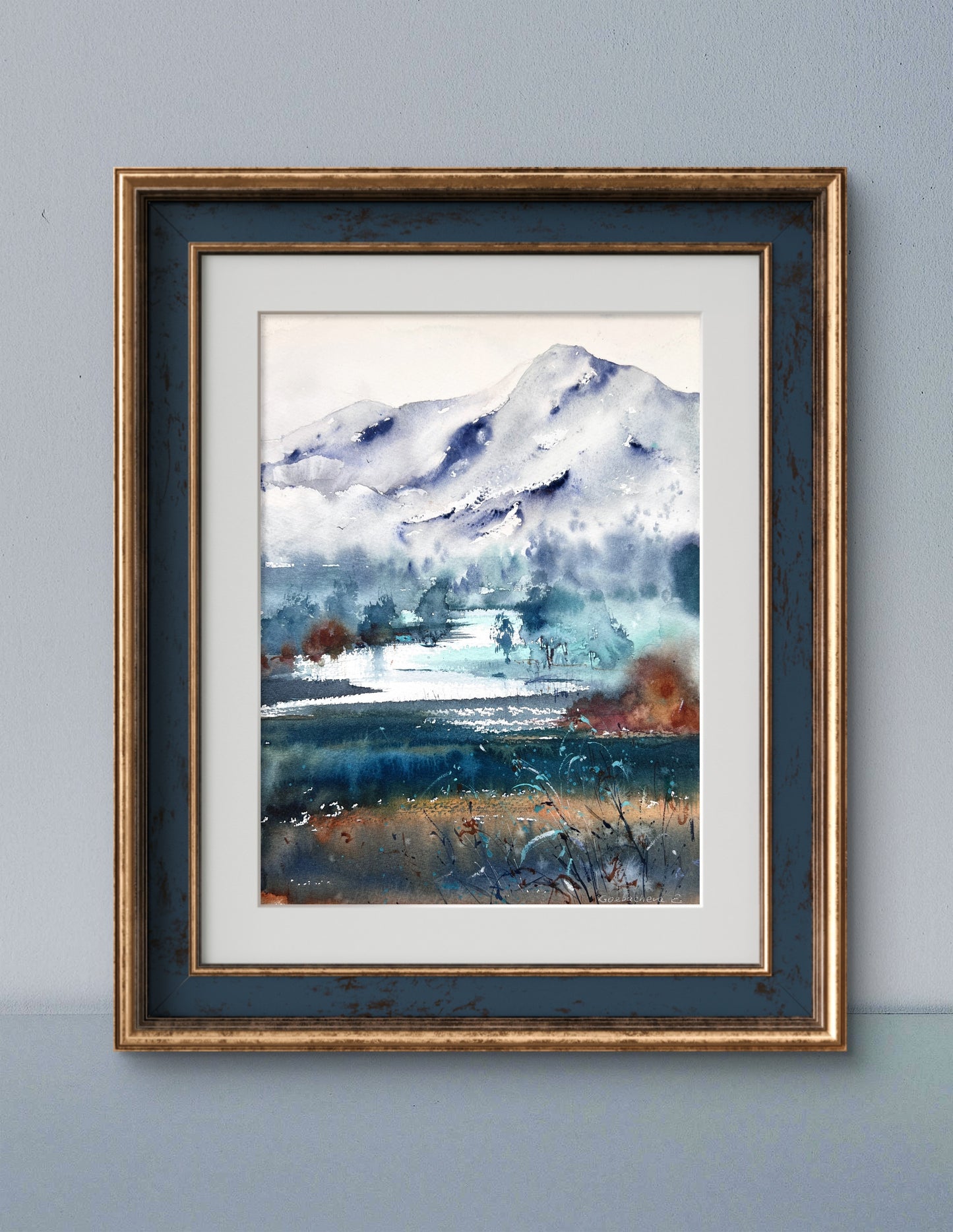 Mountain Valley Village Watercolor Painting, Mountain river #13 9x12