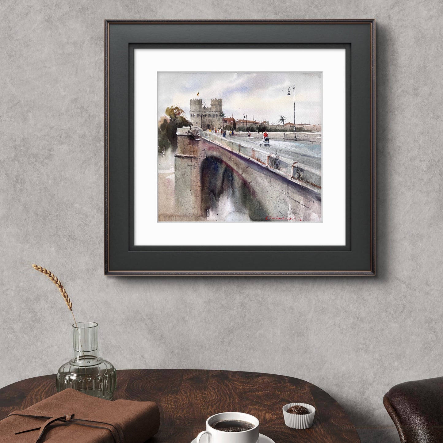 Valencia Watercolor Painting Print, Historic Bridge Torres de Serranos, Valencia Dreaming Towers 14x14.4