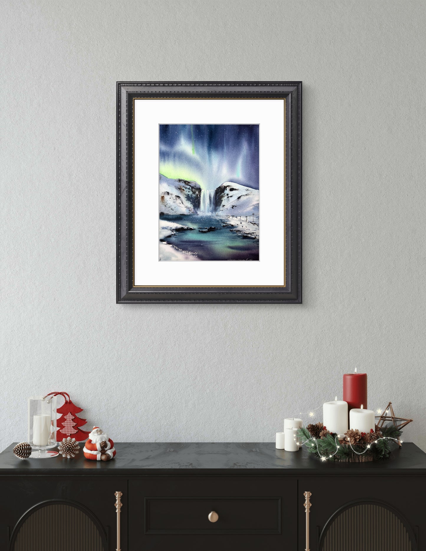 Northern Lights Waterfall Painting, Original Winter Landscape Watercolor Painting, Polar Night Jewel 9x12
