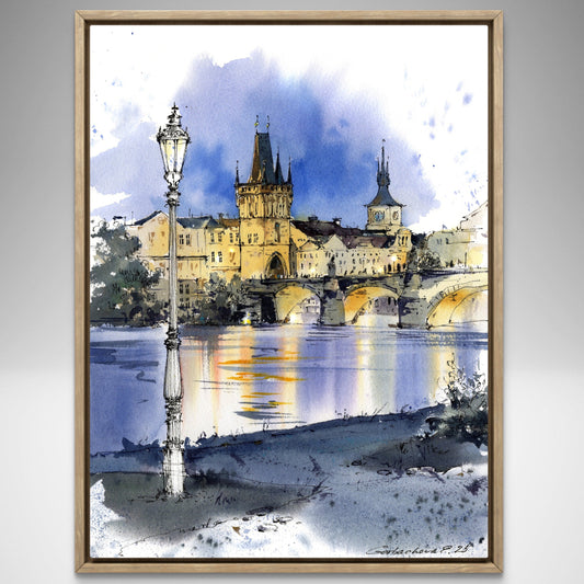 Charles Bridge Prague Watercolor Painting, Old Town Tower Art, Golden Prague Echo 9x12 in