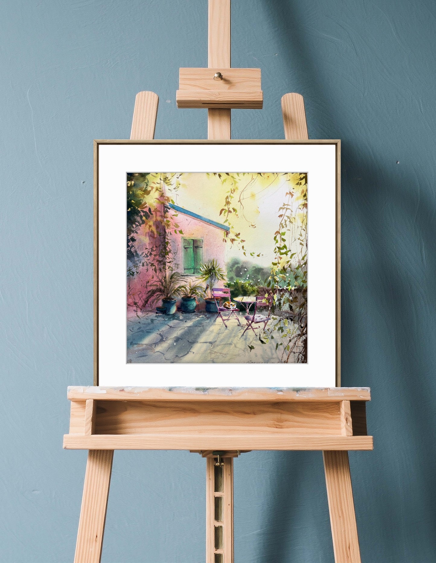 Cyprus Cafe Watercolor Painting, Sunlit Cyprus Corner 12x13
