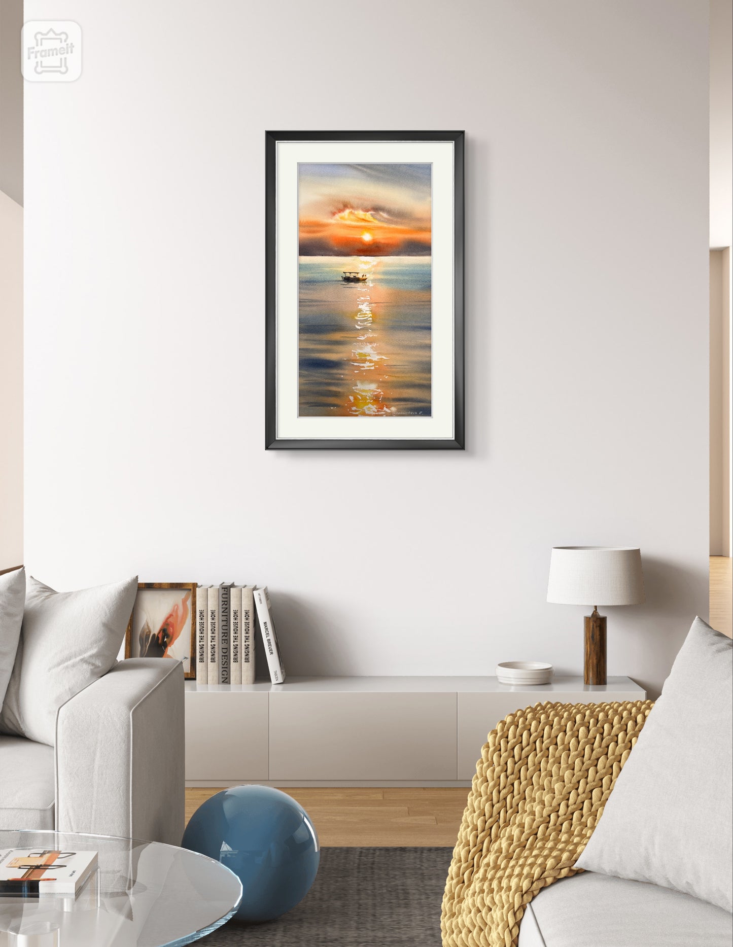 Orange Sunset Painting Original, Watercolor Fishing Boat Artwork - Golden cloud #2