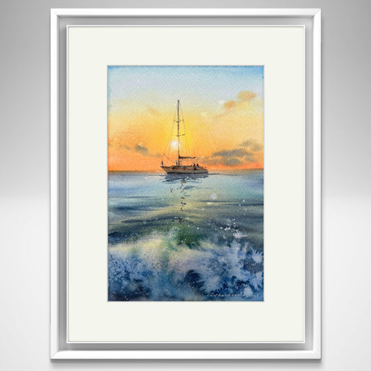 Nautical Art: 'Yacht in the sea at sunset #12' Watercolor Painting, 8x12 Inch - Ideal Gift for Sailboat Enthusiasts