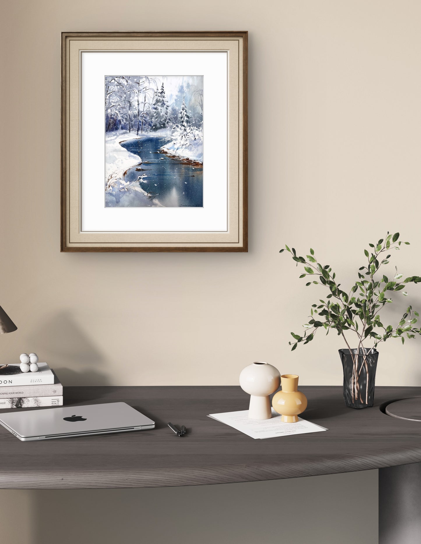 Original Winter Landscape Watercolor Painting, Snowy Forest River Art, Winter’s Quiet Heart 9x12 (Copy)