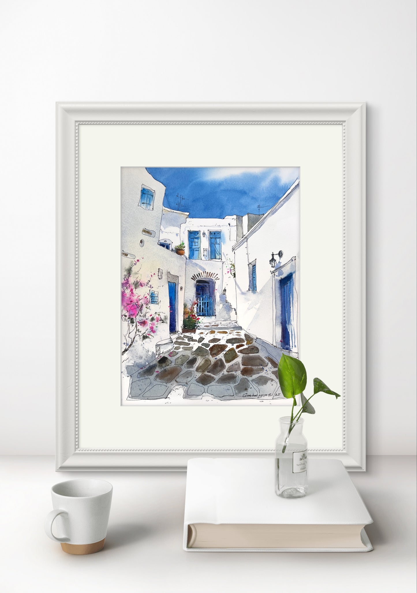 Spanish Corner - Mediterranean art original artwork, vibrant blue door and whitewashed walls