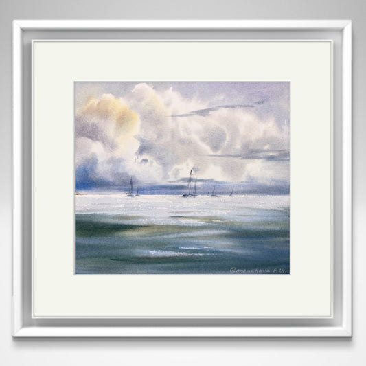 Yachts at Sea #21: Original Watercolor Artwork of Serene Seaside Scene