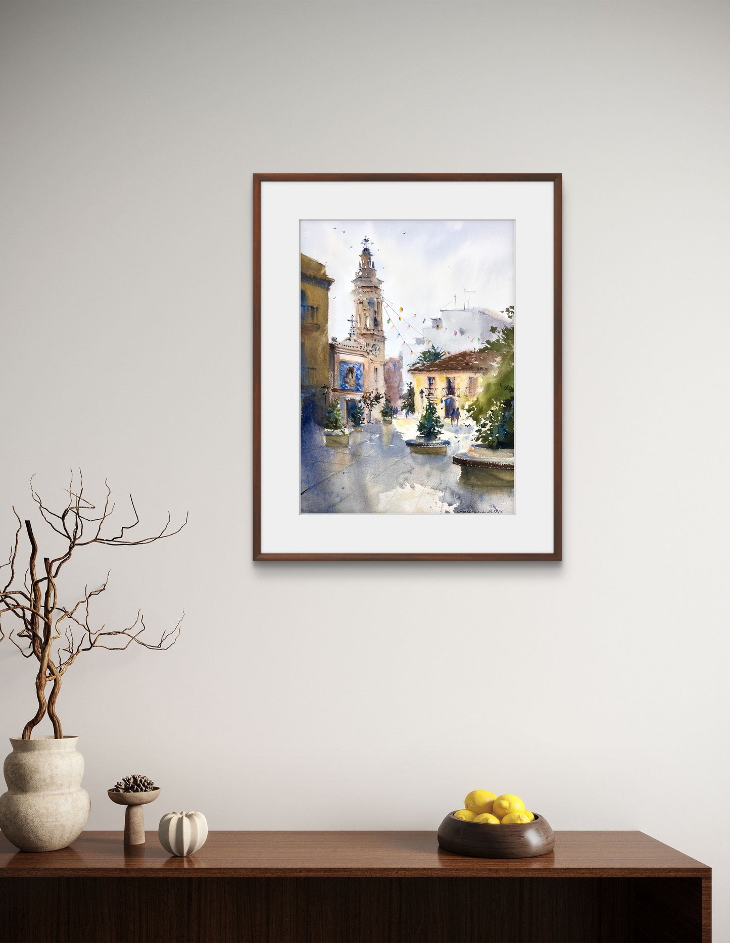 Original Spanish Cityscape Watercolor Painting,A Quiet Morning in Spain 12x16 in