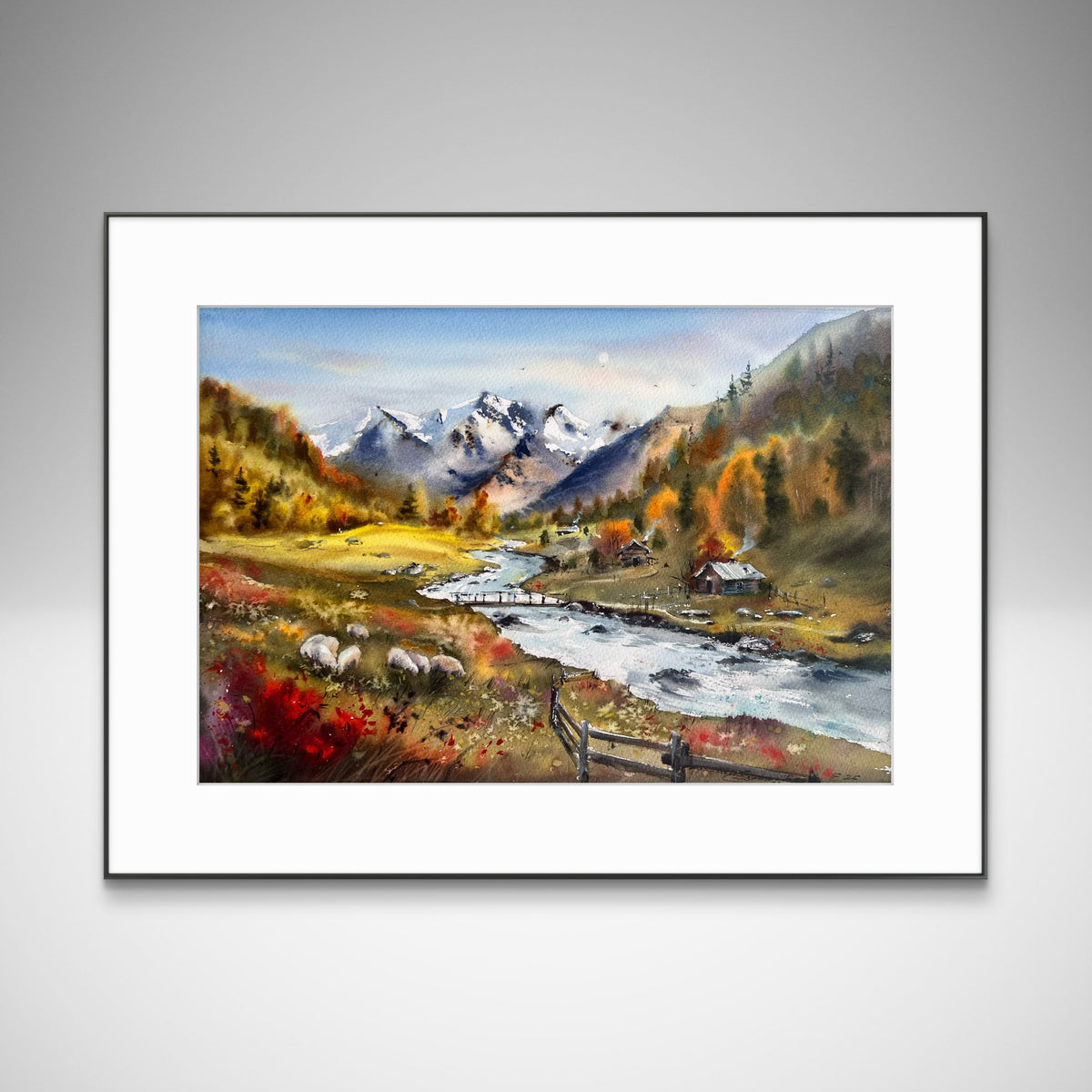 Mountain Landscape Watercolor, Alpine Village Painting, Autumn Valley Song 12x16