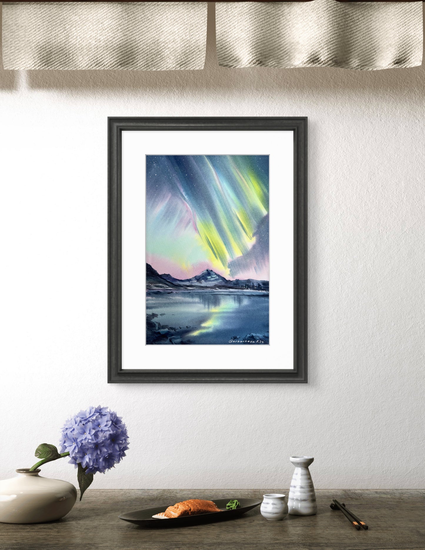 Snowy Landscape Painting Watercolor Original - Northern lights #54