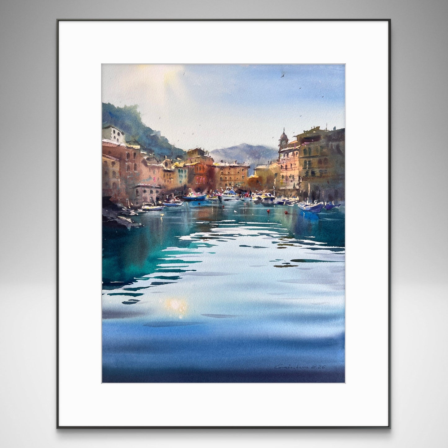 Coastal Harbor Art, Camogli Italy Watercolor Painting, Blue Italian Morning. Camogli #2 9x14 (Copy)