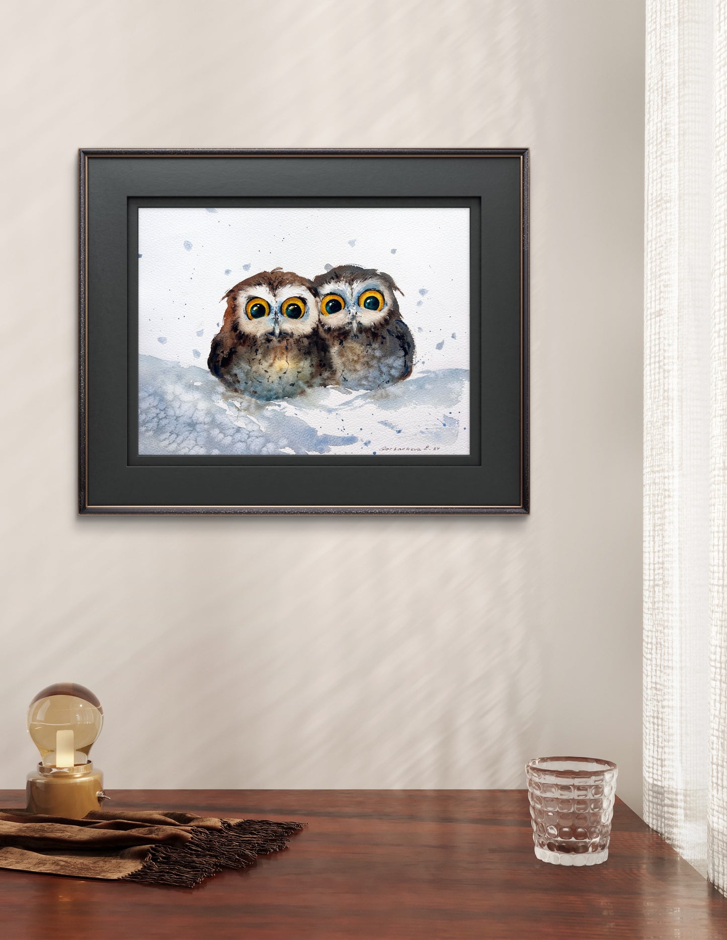 Whimsical Owl Duet in Snow - Unique Watercolor Painting