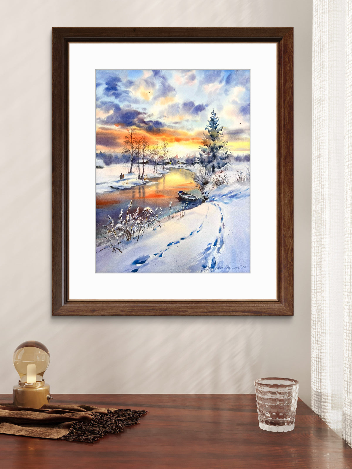 Winter River Watercolor Painting, Snowy Landscape Art, Winter's Golden Breath 12x16