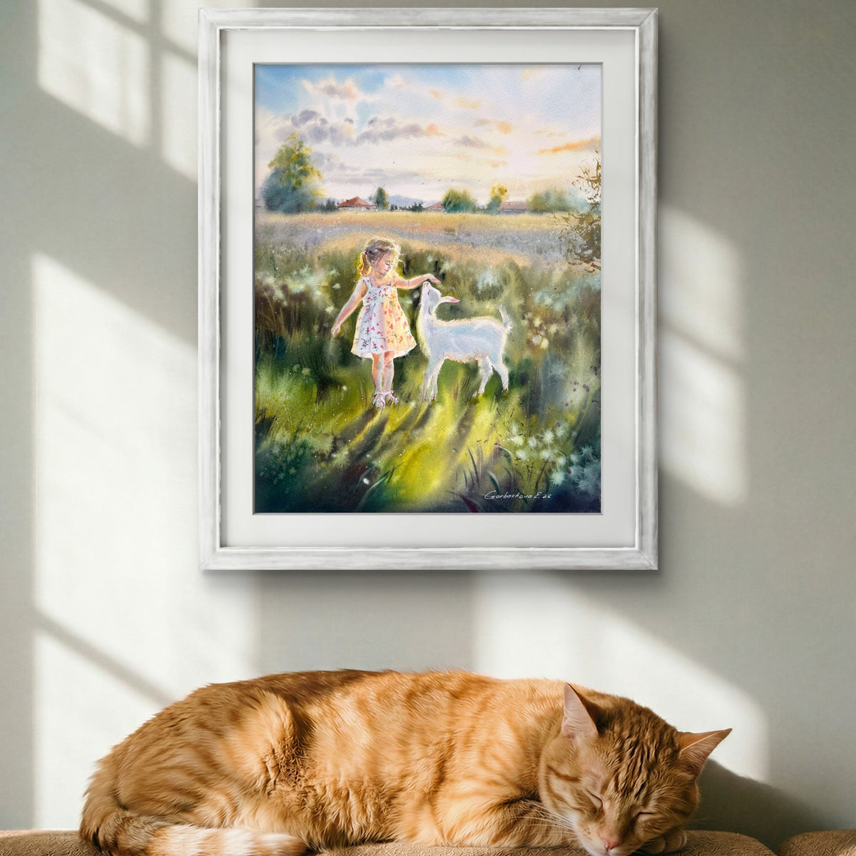 Watercolor Girl and White Goat Painting, Summer Meadow Landscape, The Quiet Joy of Childhood 12x16