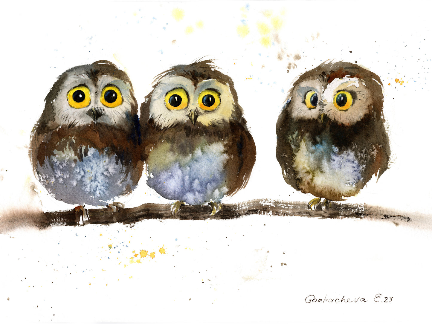 Whimsical Owl Trio Art Print - Colorful Watercolor Painting