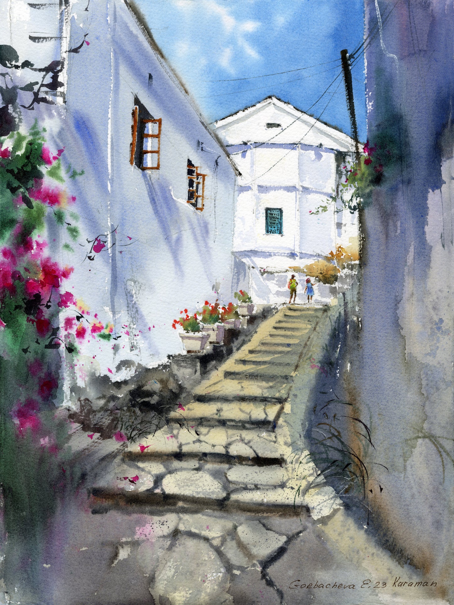 Original Cyprus Painting, Watercolor Coastal City - Karaman 12x16 inch