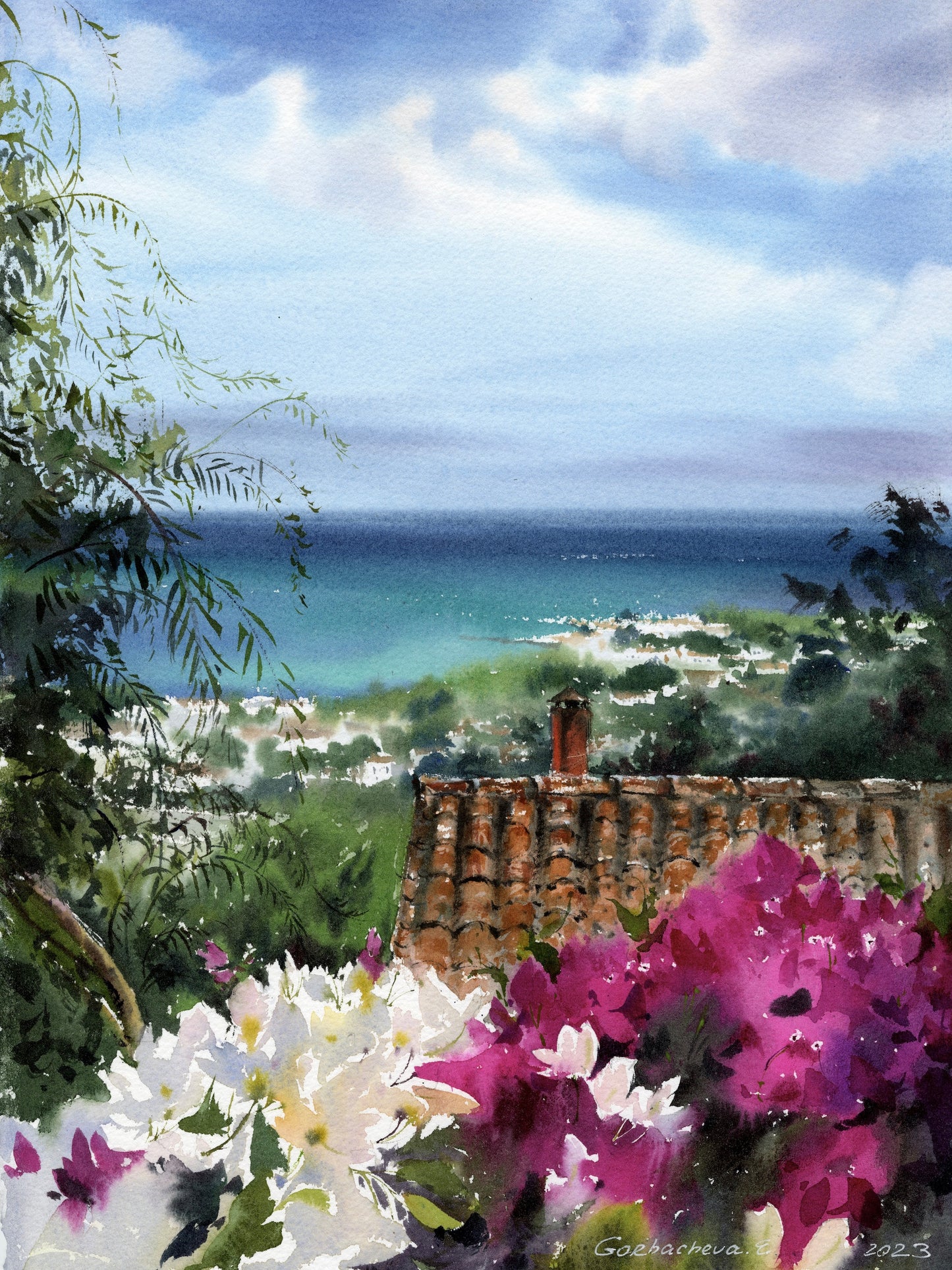Original Watercolor Painting, Greek Coastal Wall Art, Travel Gift - Lapta Cyprus