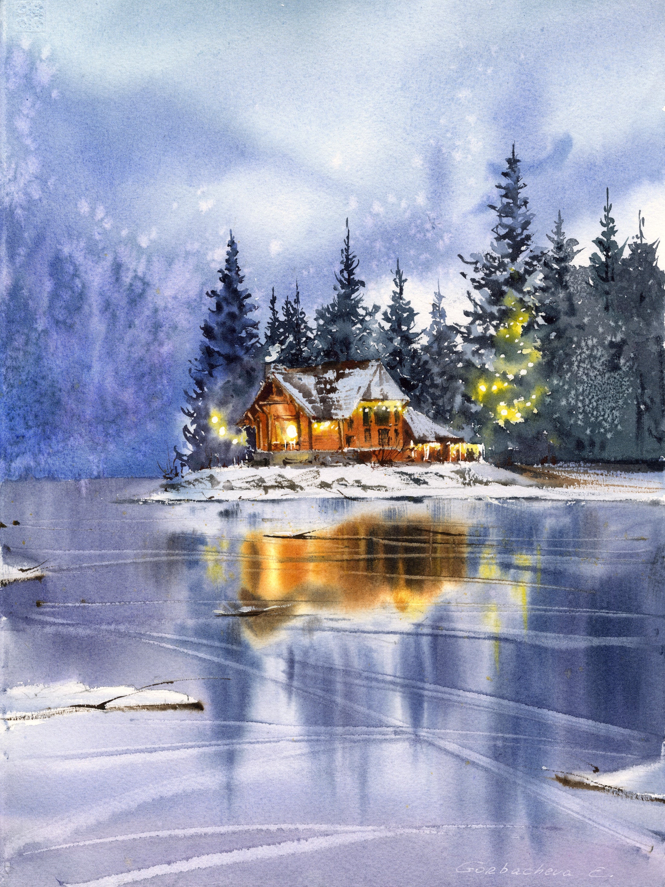 Painting AQUARELLE buying landscape original piece : WINTER