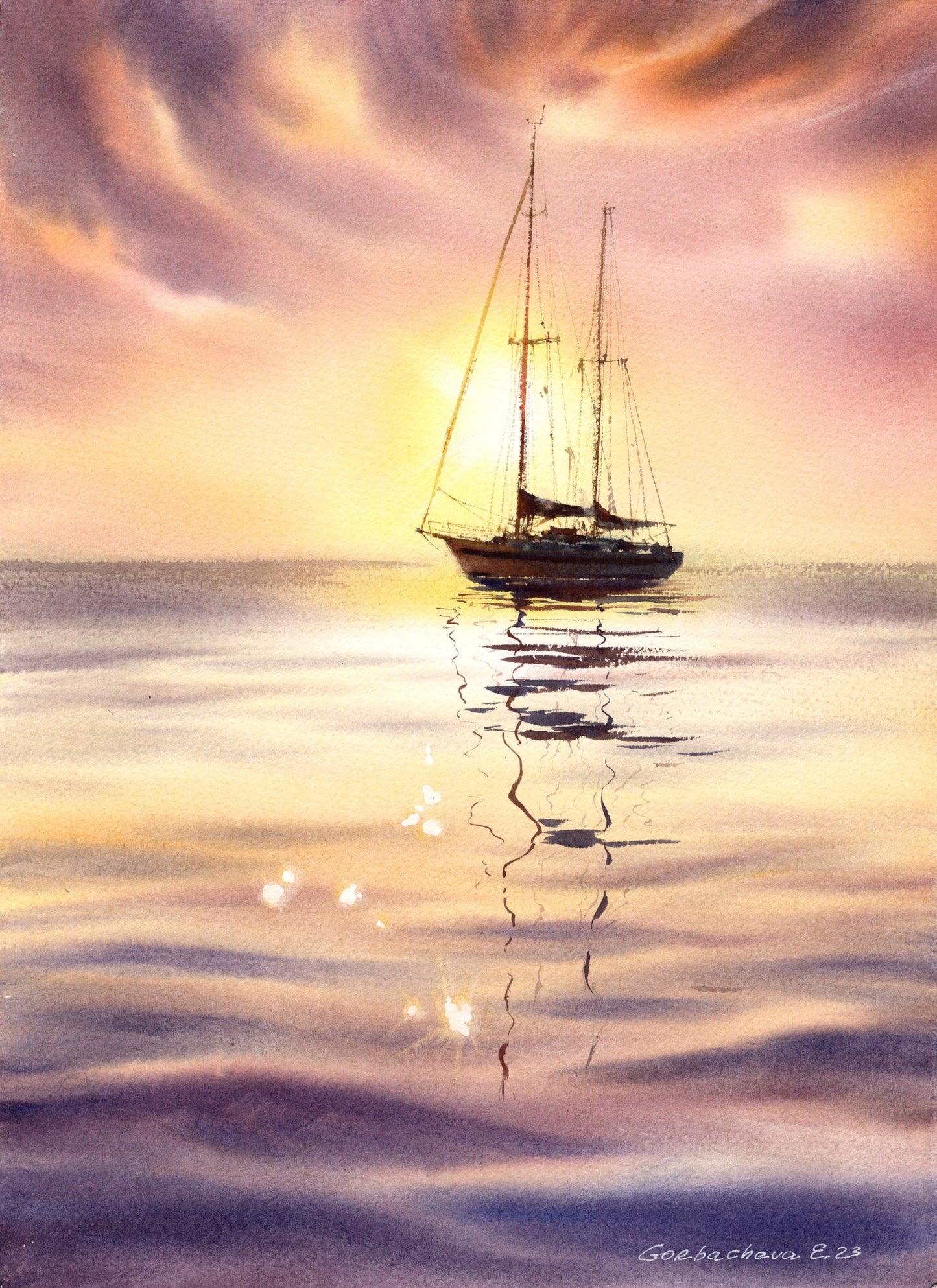 Sailboat Painting Original Watercolor, Yacht Artwork, Seascape Coastal Art, Gift