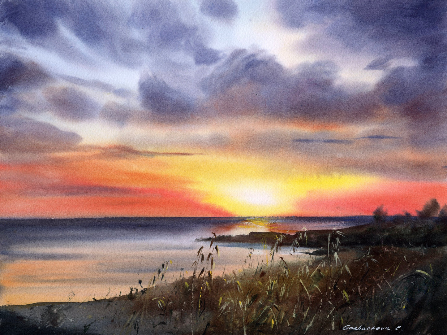 Original Watercolor Painting - 'Sunset on the Sea #15', Orange Sunset Cyprus View, Unique Home Decor Gift