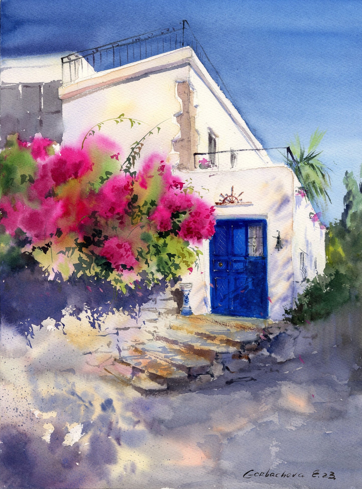 Cyprus House Painting, Original Watercolor Art, Greek Coastal City, Greece, Village Artwork, Forged Gate, Karmi, Gift